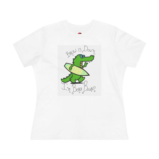 Surfing Crocodile Graphic Cotton Tee for Women - Brows Down, I’m Beach Bound