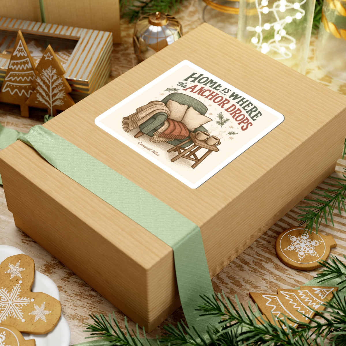 Kiss-Cut Sticker — "Home Is Where the Anchor Drops" Cozy Chair & Coffee Design