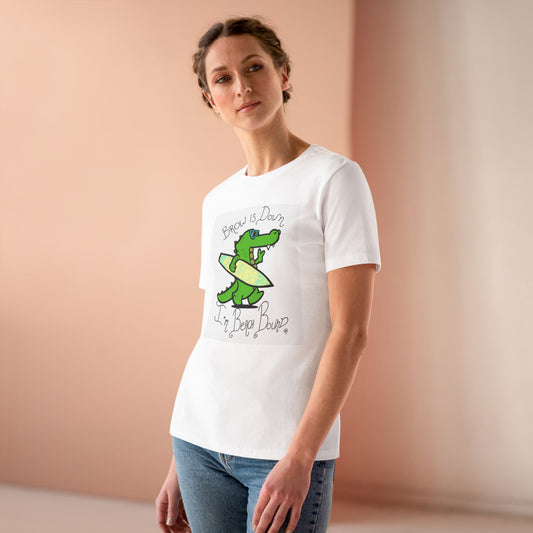 Surfing Crocodile Graphic Cotton Tee for Women - Brows Down, I’m Beach Bound