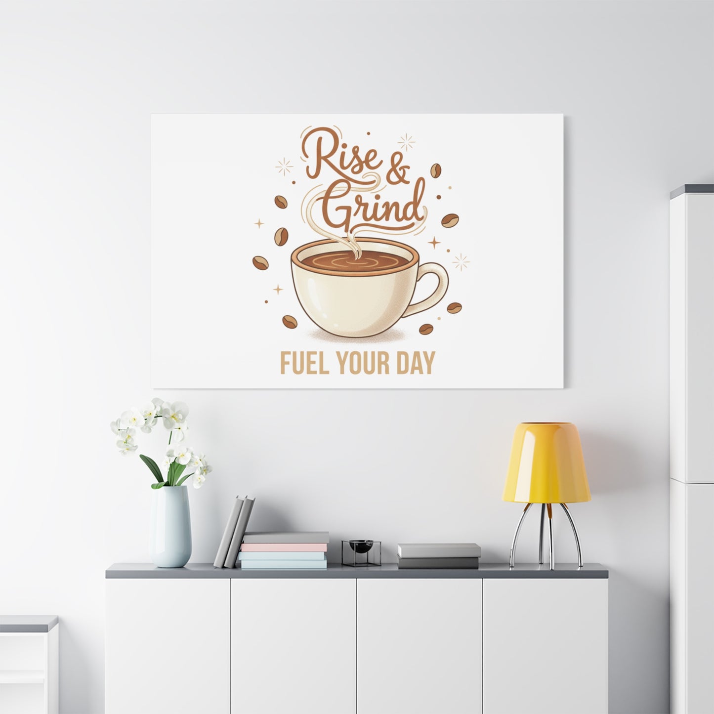 Rise & Grind Fuel Your Day Canvas, Coffee Caffeine Decor | Espresso Joke, Cafe Art