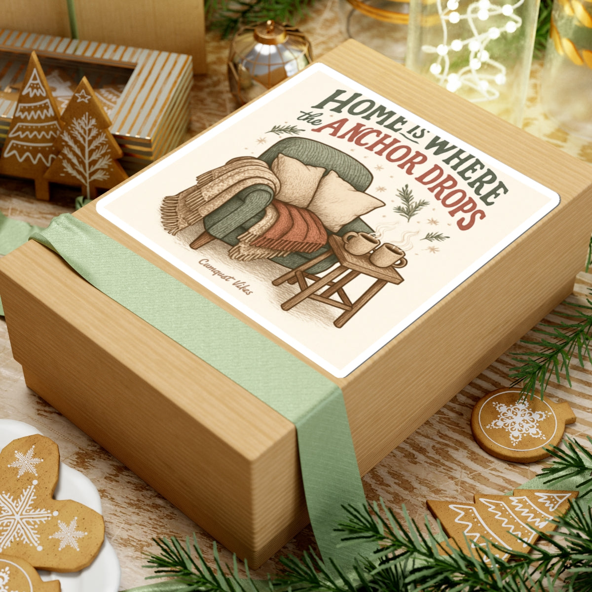 Kiss-Cut Sticker — "Home Is Where the Anchor Drops" Cozy Chair & Coffee Design